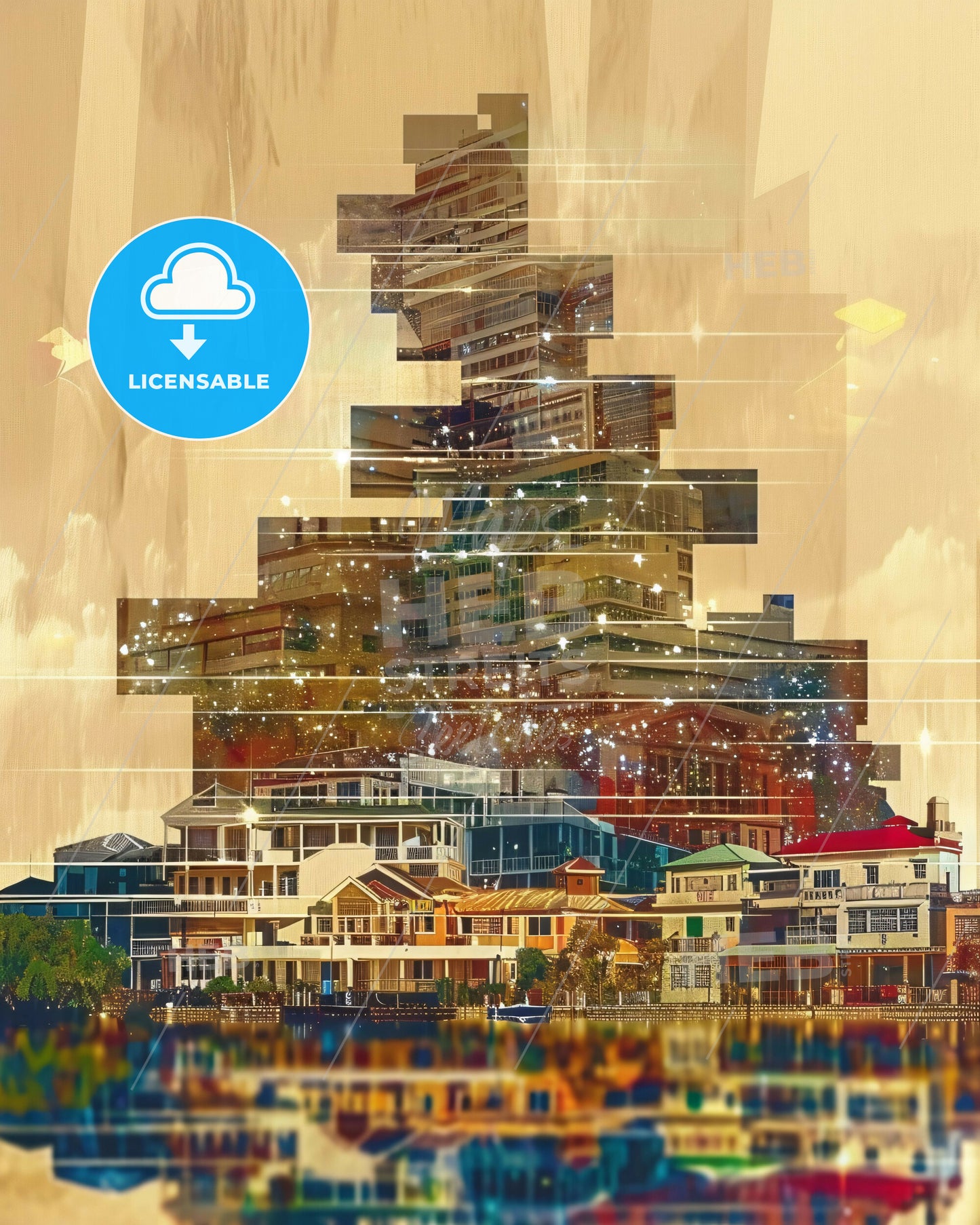 Townsville City Skyline Double Exposure Artwork - A city skyline with buildings and trees