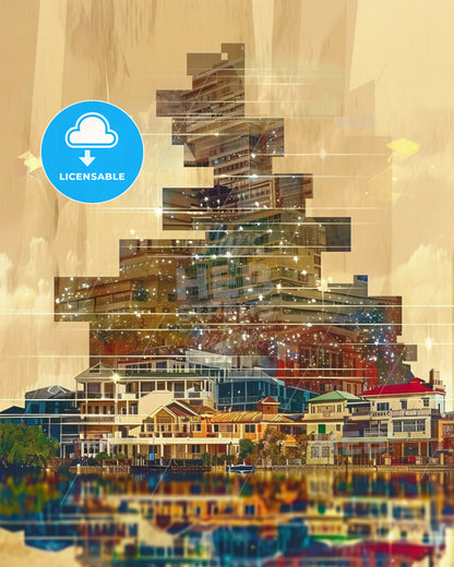 Townsville City Skyline Double Exposure Artwork - A city skyline with buildings and trees