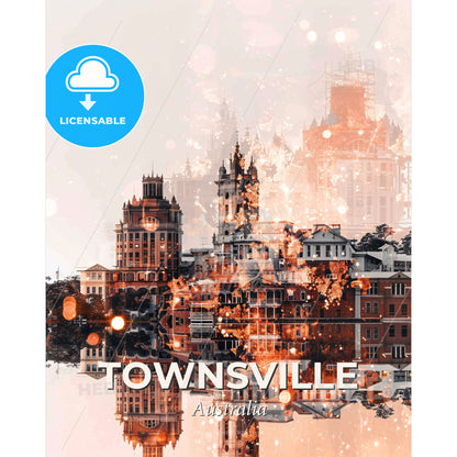 Townsville Poster: Urban Bokeh on Beige - A city with many buildings and a reflection of it - Square format print template