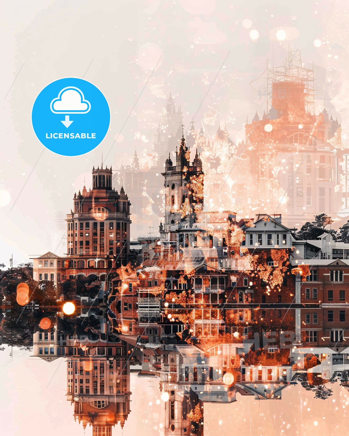 Townsville Poster: Urban Bokeh on Beige - A city with many buildings and a reflection of it