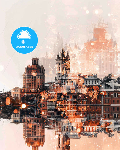 Townsville Poster: Urban Bokeh on Beige - A city with many buildings and a reflection of it