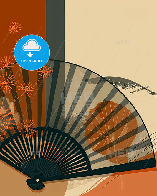 Tokyo Fans: Modern Japanese Line Art - A fan with flowers and leaves