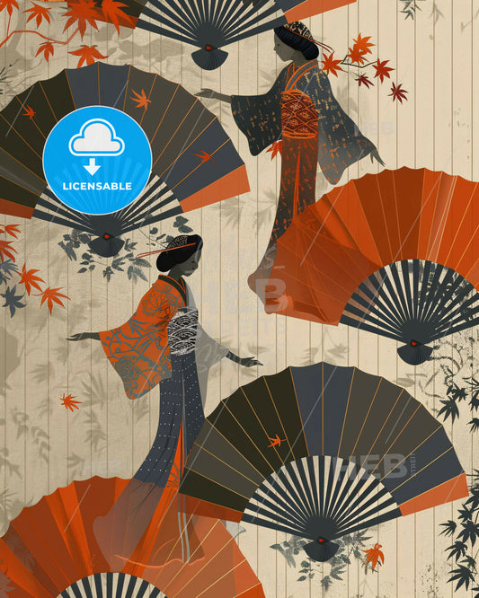 Zen Serenity in Fan Lines - A woman in kimonos and a fan