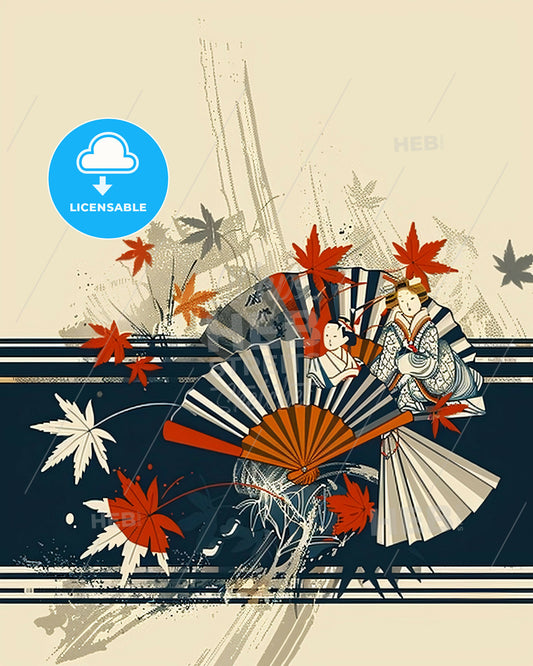 Zenith of Oriental Elegance in Linear Form - A painting of a woman and a fan