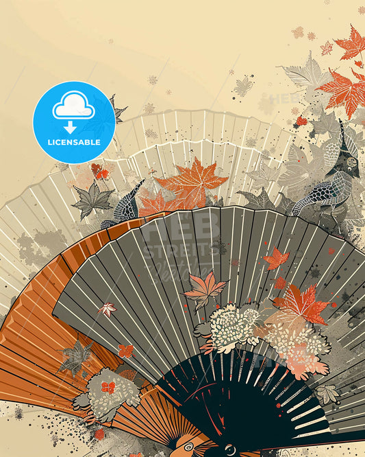 Zen Vibes: Minimalist Japanese Fan Art - A fan with flowers and leaves