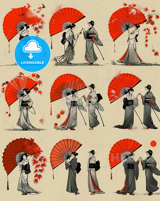 Kyoto Inari Shrine Fan Art Poster - A collage of a woman holding a red umbrella