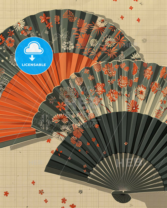 Minimalist Japanese Line Art on Beige - A group of fans with flowers on them