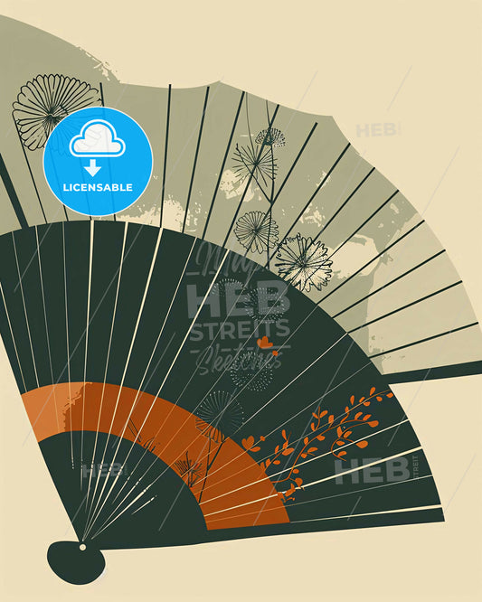 Serene Japanese Fans:Beige,Grey,Black and Orange - A fan with flowers and leaves