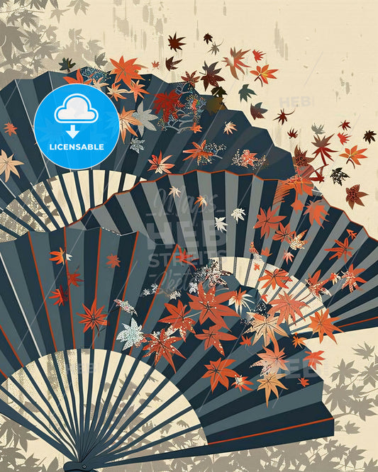 Minimalistic Japanese Fans on Beige - A fan with leaves falling