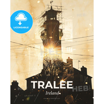 Tralee Ireland Double Exposure City Silhouette - A sun shining through the clouds - Square format print template