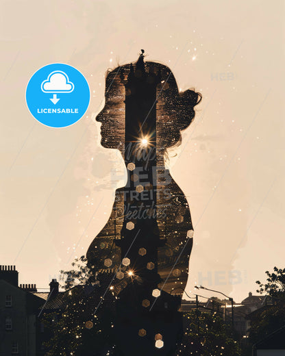 Tralee Double Exposure Silhouette Skyline Art - A silhouette of a woman's head