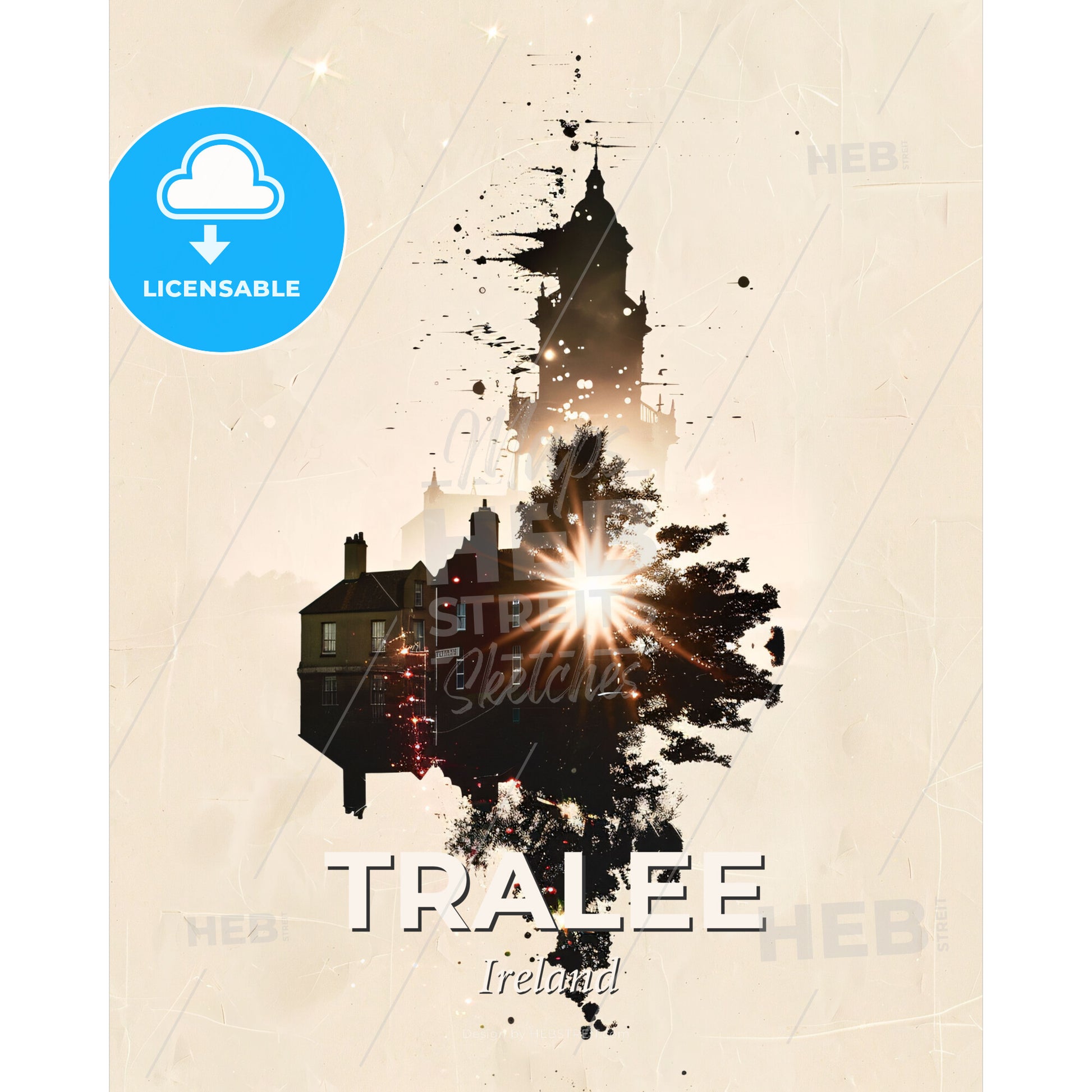 Tralee Double Exposure Skyline Composite Art - A silhouette of a building and a tree with a sun shining through it - Square format print template