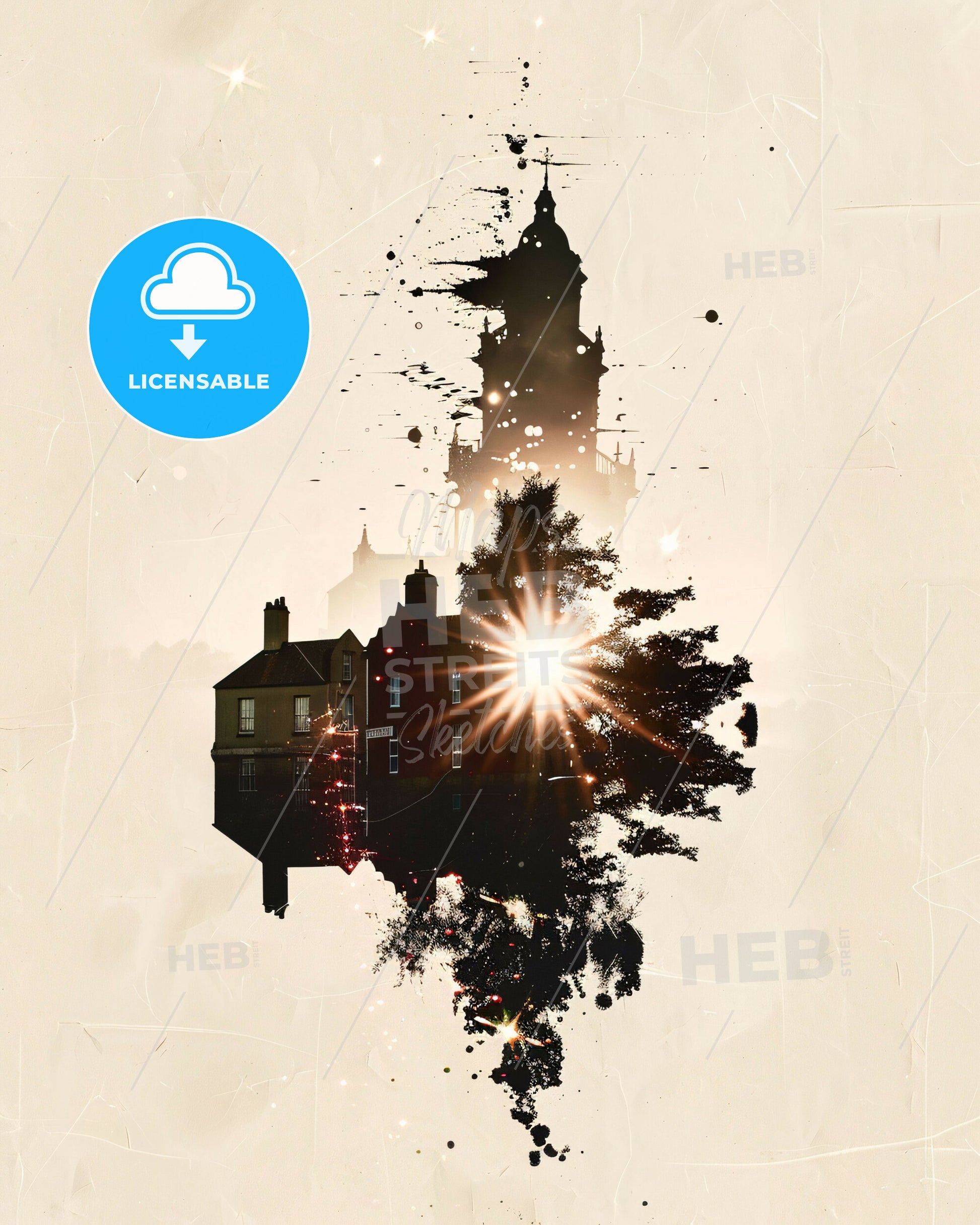 Tralee Double Exposure Skyline Composite Art - A silhouette of a building and a tree with a sun shining through it