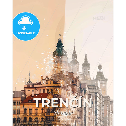 Trenčín, Slovakia: Double Exposure Skyline Magic - A city with many buildings - Square format print template
