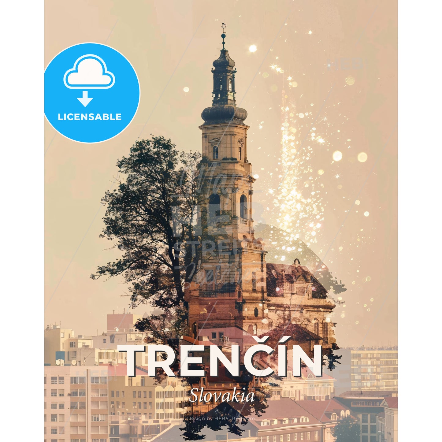 Trencin Slovakia City Skyline - A building with a tower and a tree - Square format print template