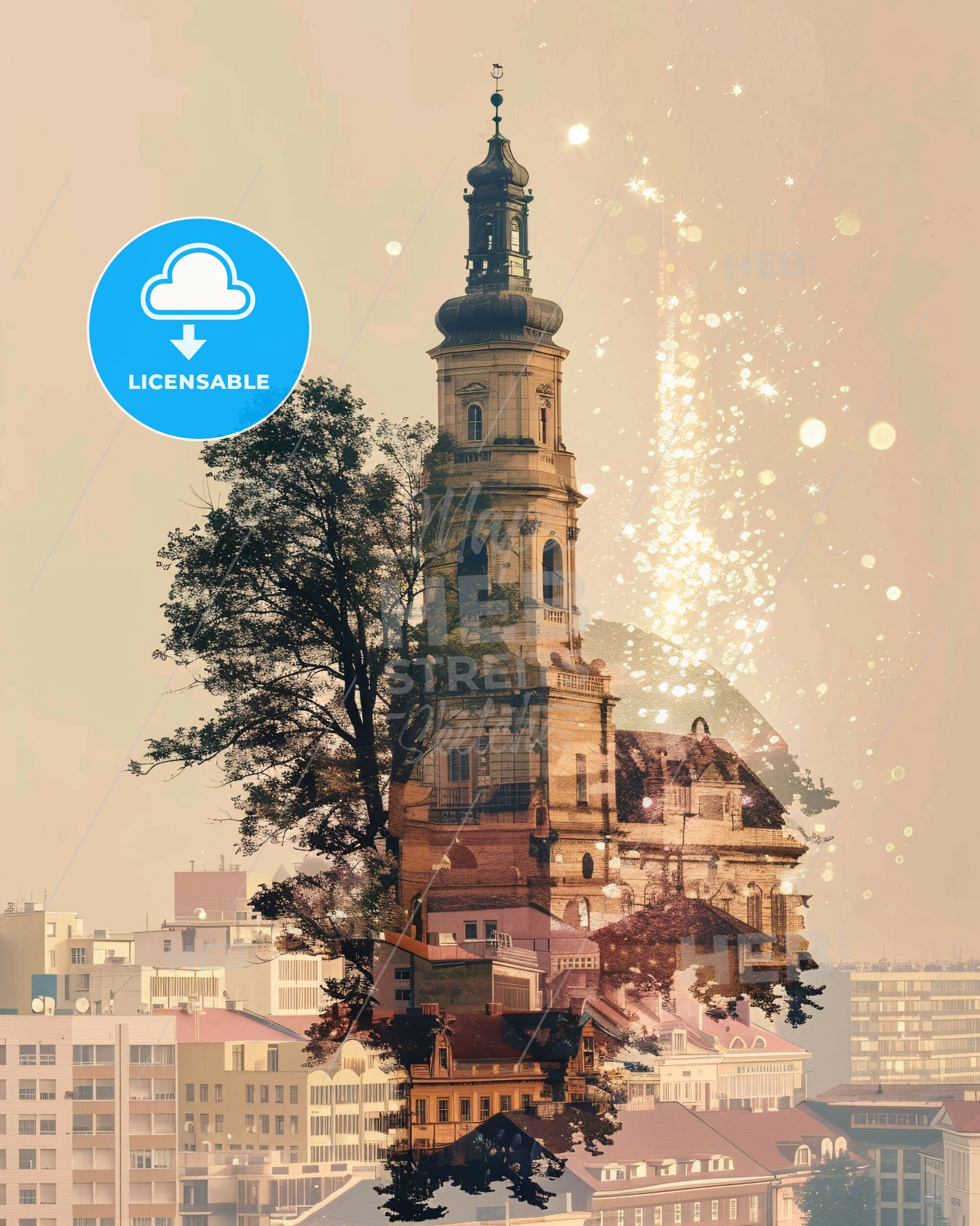 Trencin Slovakia City Skyline - A building with a tower and a tree