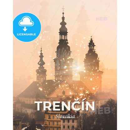 Trencin City Skyline Art Poster - A building with towers and towers in the background - Square format print template