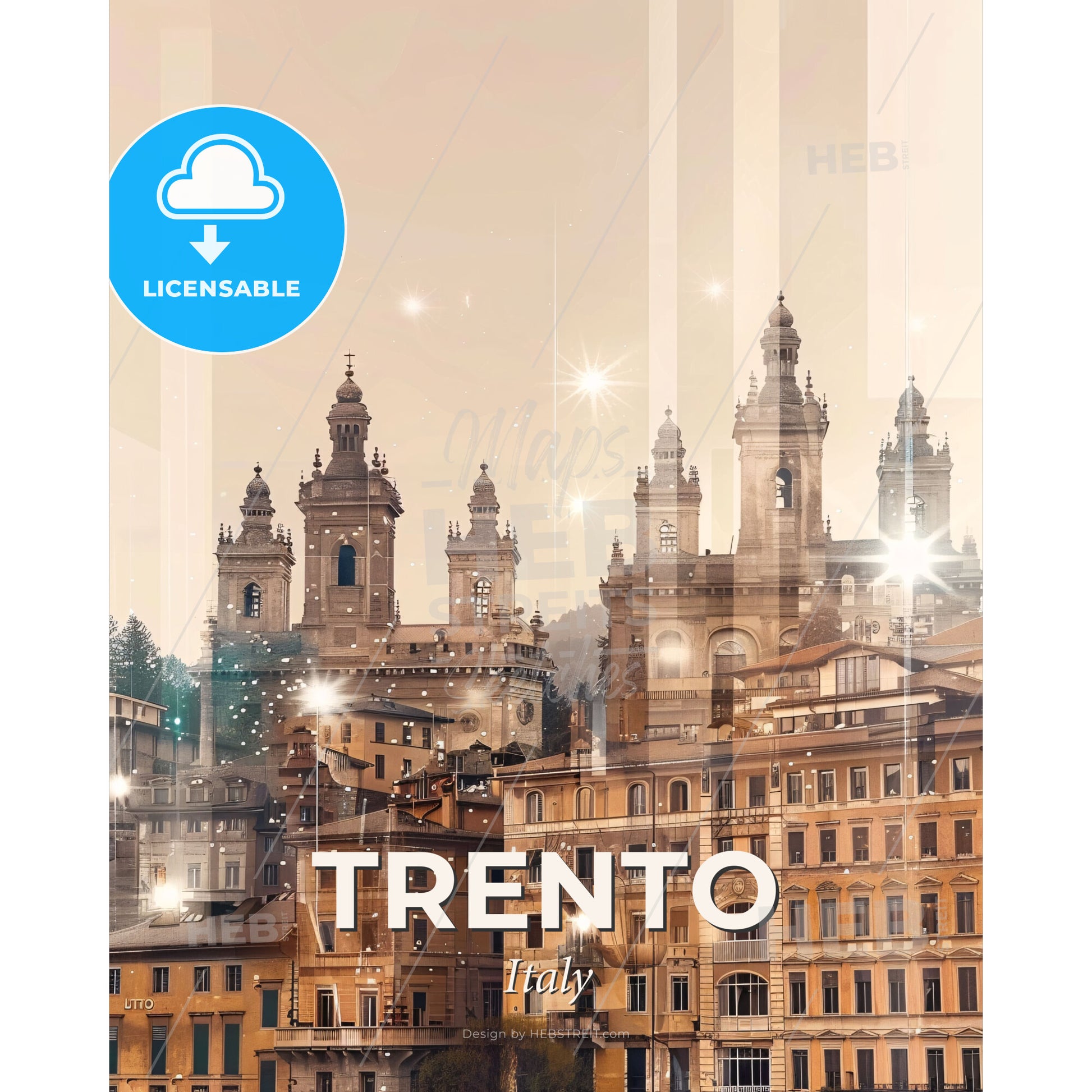 Trento Skyline Double Exposure City Art Poster - A city with many buildings - Square format print template