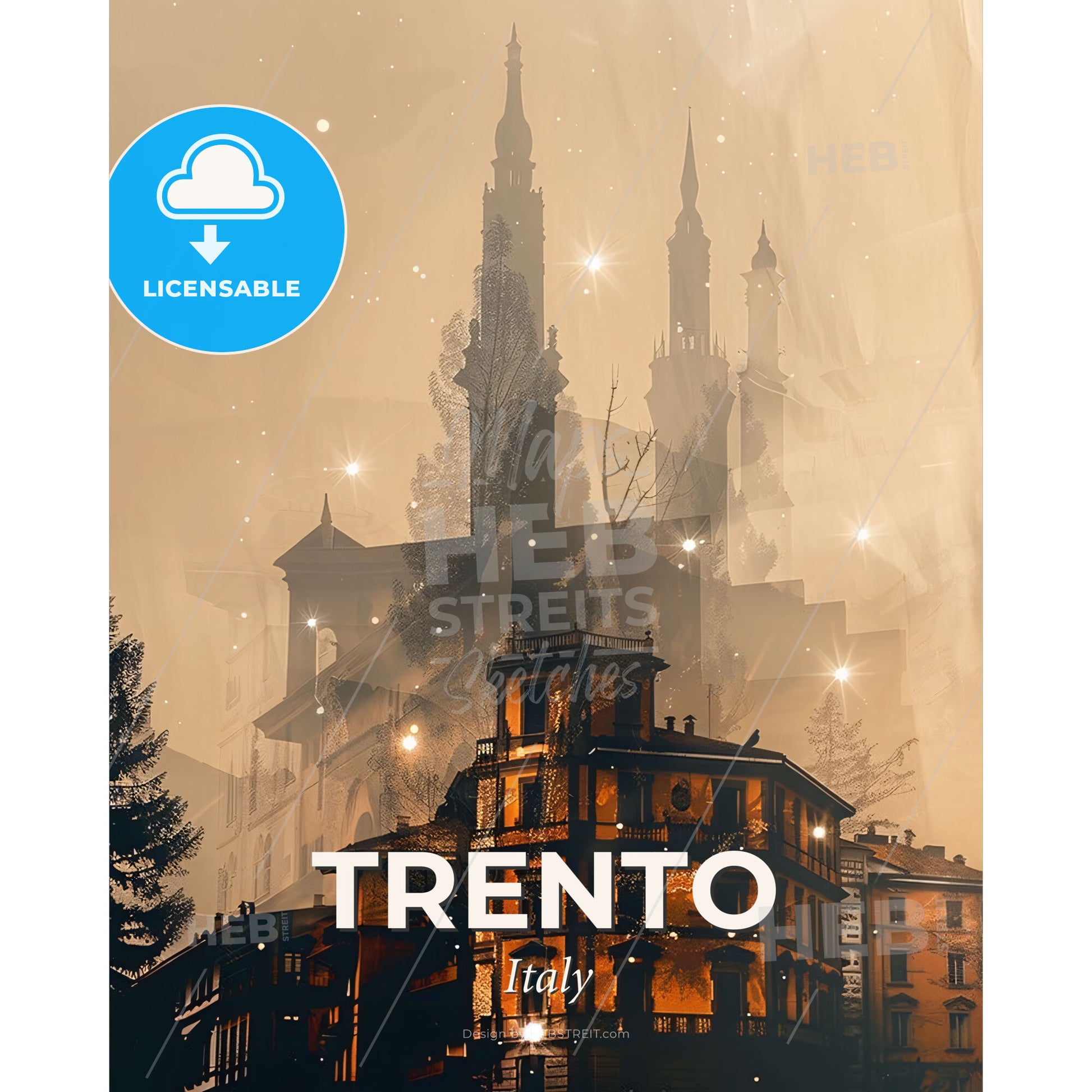 Trento Skyline: Double Exposure Cityscape Art - A building with a tower and a tree - Square format print template