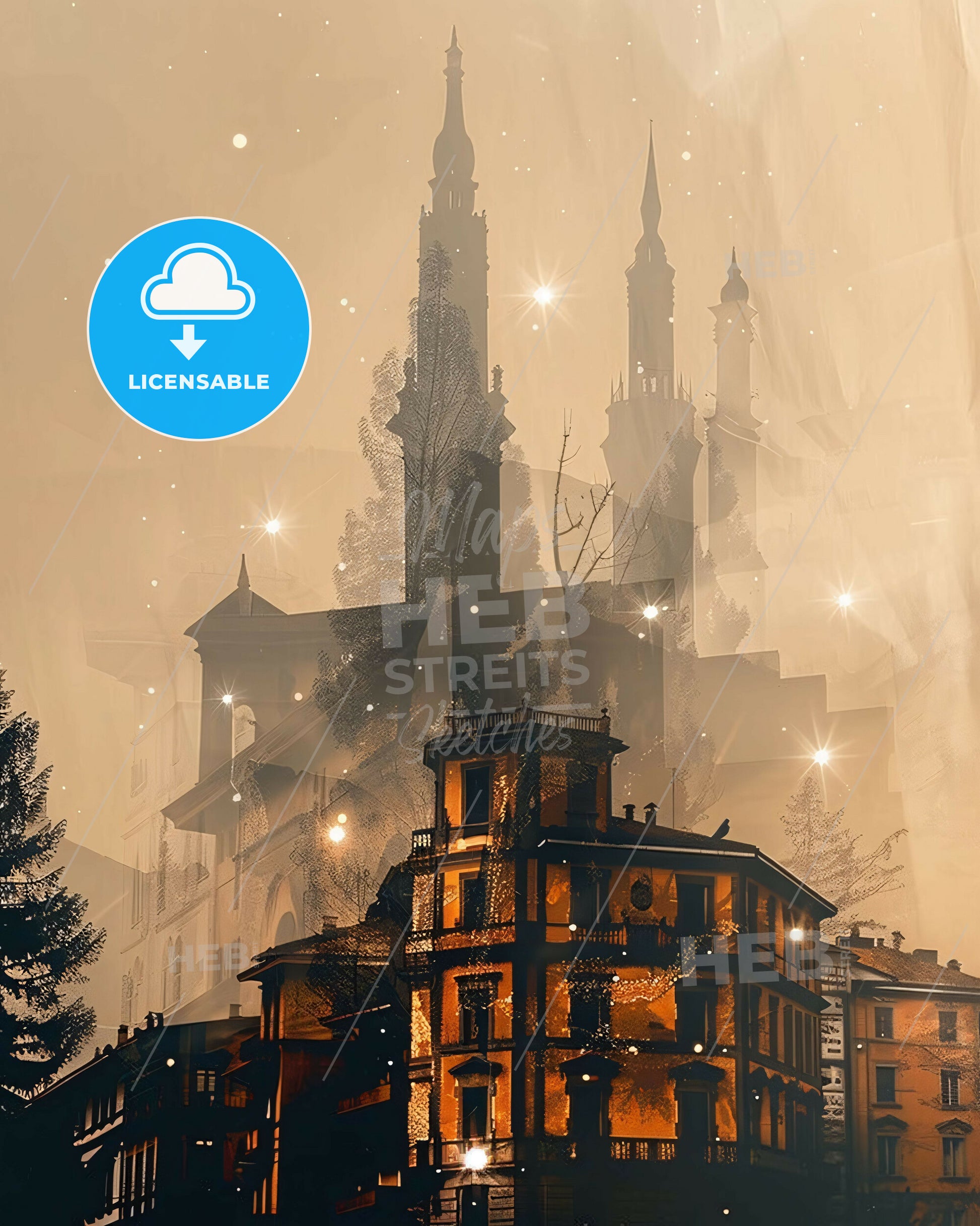 Trento Skyline: Double Exposure Cityscape Art - A building with a tower and a tree