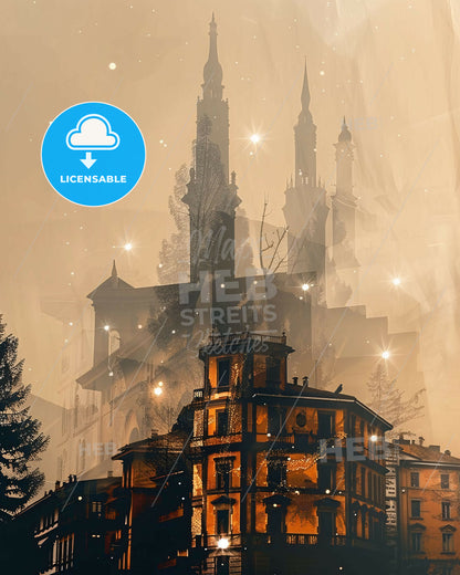 Trento Skyline: Double Exposure Cityscape Art - A building with a tower and a tree