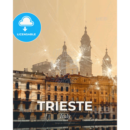 Trieste Skyline Iconic Architecture Whimsical Poster - Fireworks in the sky over a building - Square format print template