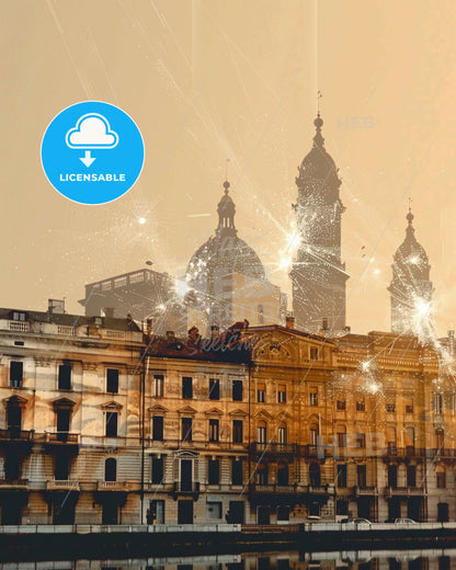 Trieste Skyline Iconic Architecture Whimsical Poster - Fireworks in the sky over a building