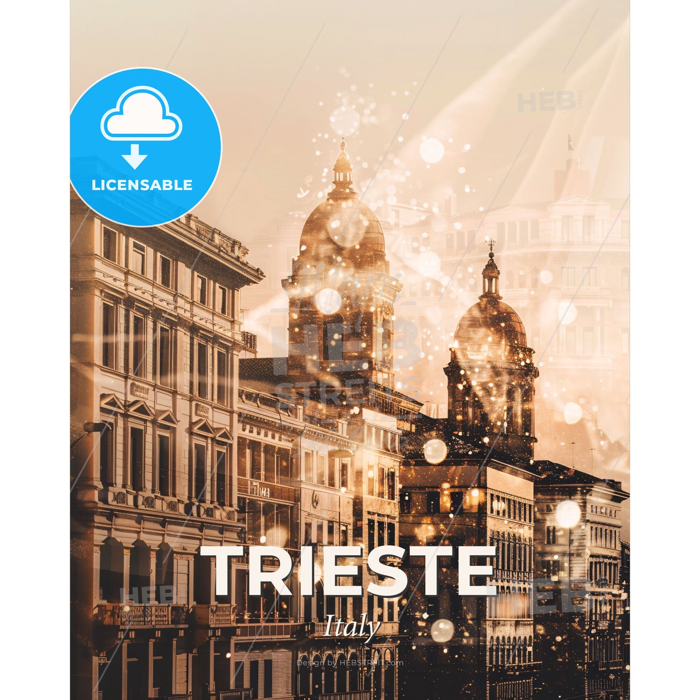 Trieste Skyline Cityscape Mosaic Poster Bright Beige - A city street with buildings and lights - Square format print template