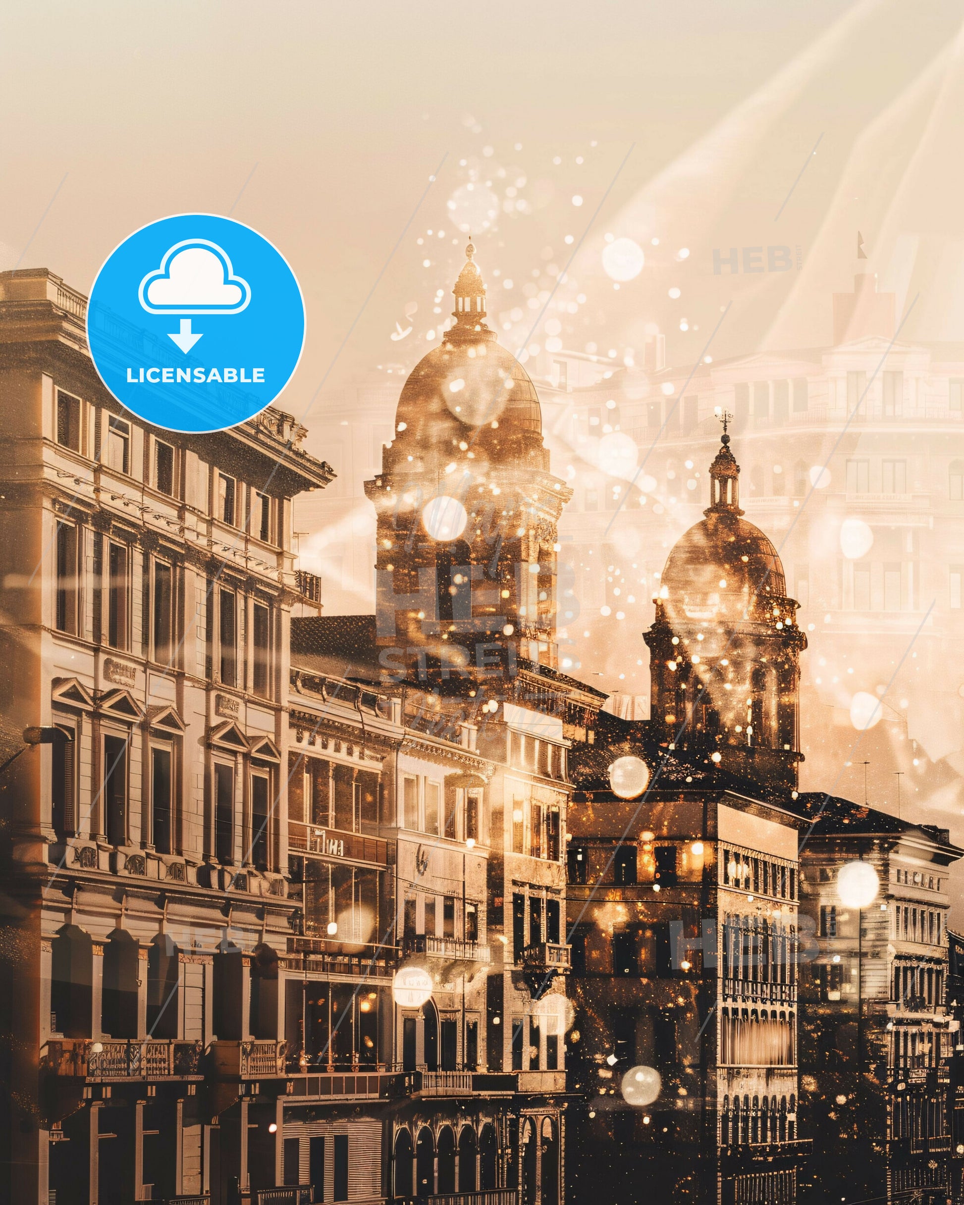 Trieste Skyline Cityscape Mosaic Poster Bright Beige - A city street with buildings and lights