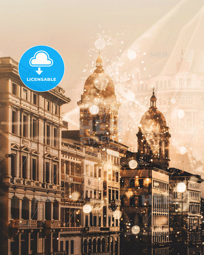 Trieste Skyline Cityscape Mosaic Poster Bright Beige - A city street with buildings and lights