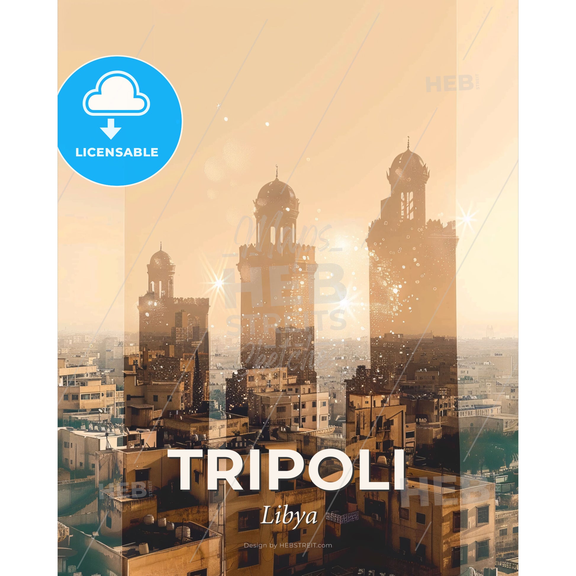 Tripoli Libya Skyline Double Exposure Art - A city with many tall buildings - Square format print template