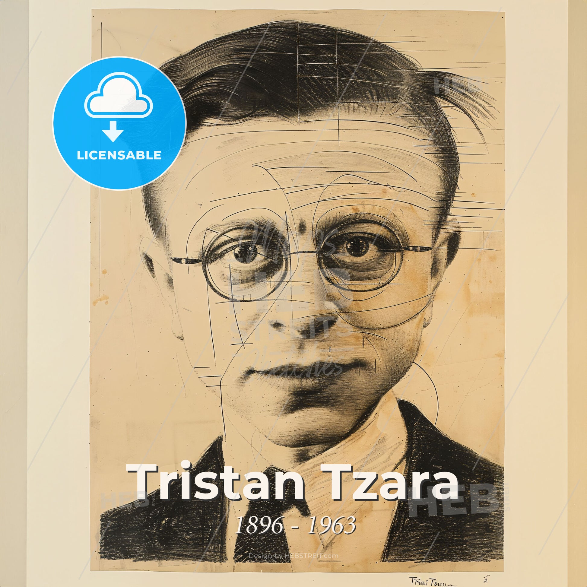 Tristan Tzara, 1896 - 1963, Romanian-French avant-garde poet - A Drawing Of A Man With Glasses Print Template