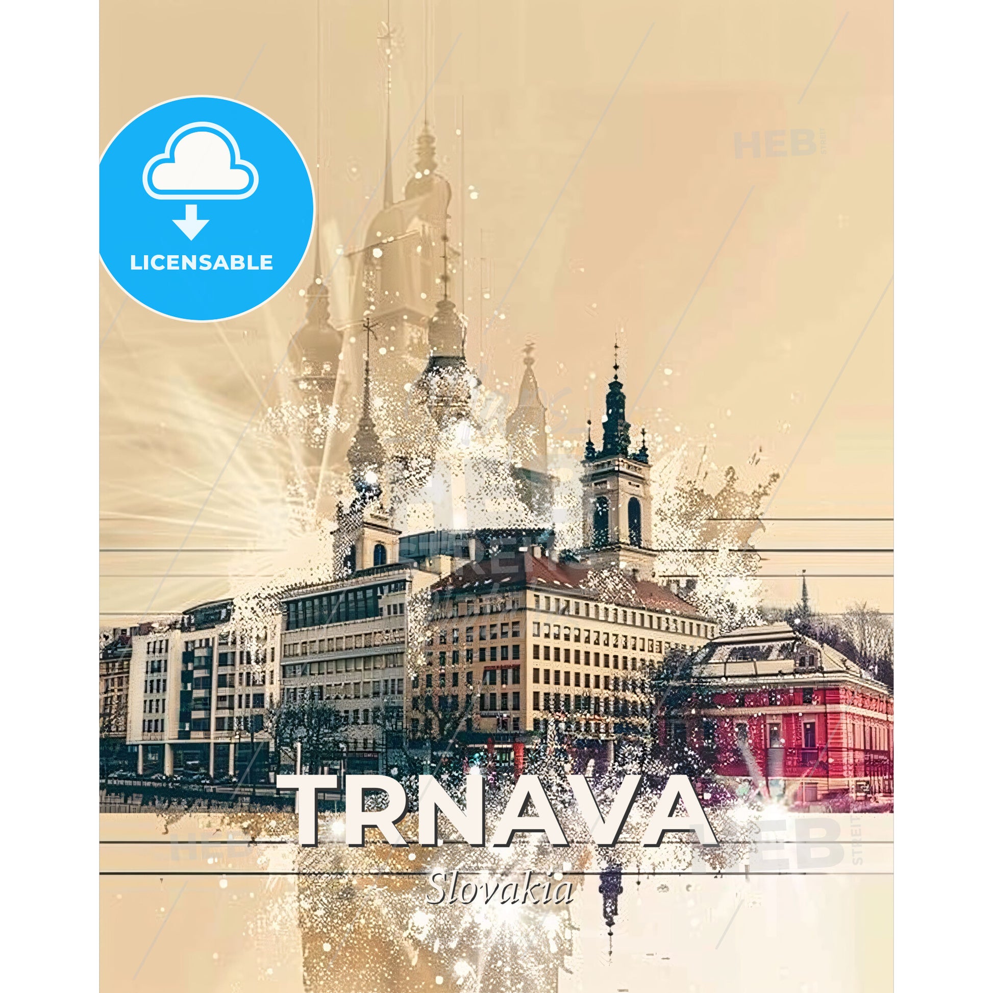 Trnava, Slovakia: City Icons Skyline Double Exposure - A building with towers and a street in the background - Square format print template