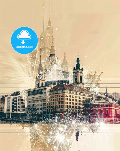 Trnava, Slovakia: City Icons Skyline Double Exposure - A building with towers and a street in the background