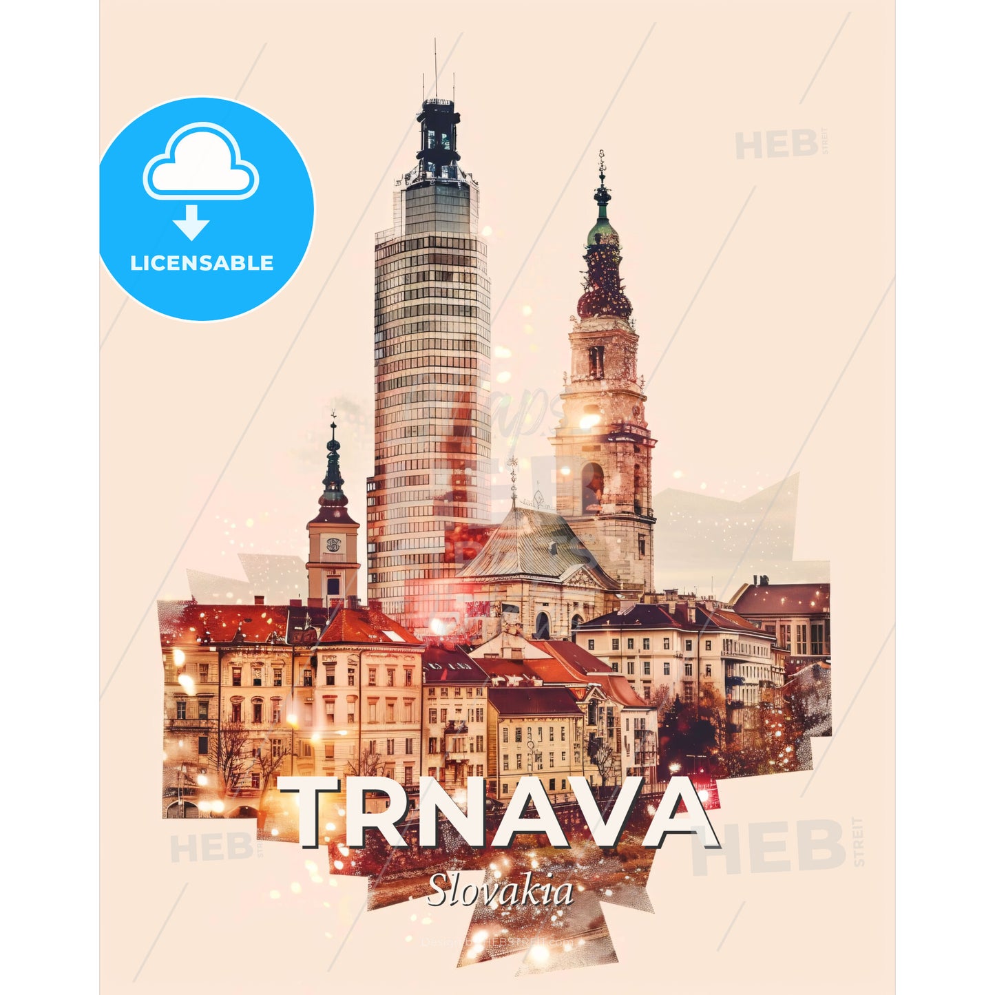 Trnava Skyline Cityscape Silhouette Sparks Poster Art - A city with towers and buildings - Square format print template