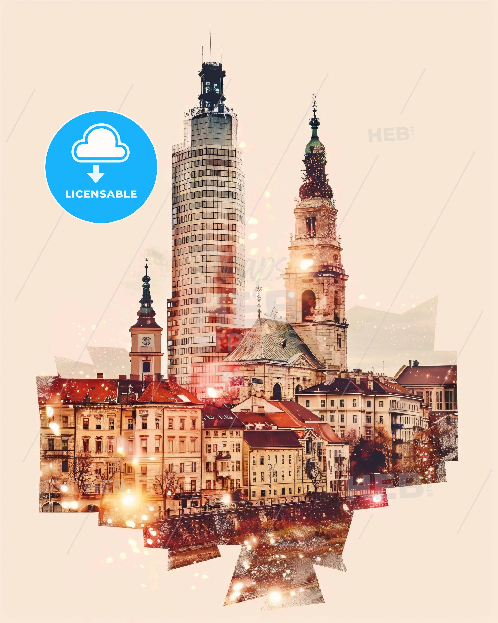 Trnava Skyline Cityscape Silhouette Sparks Poster Art - A city with towers and buildings