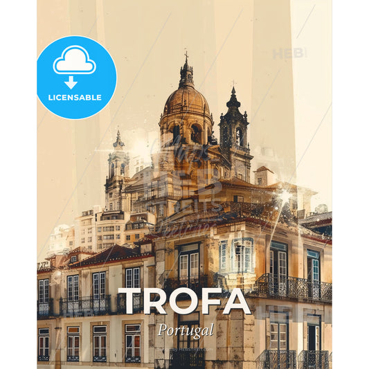 Trofa Skyline Double Exposure Cityscape Art - A building with a dome on top - Square format print template