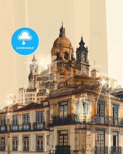 Trofa Skyline Double Exposure Cityscape Art - A building with a dome on top