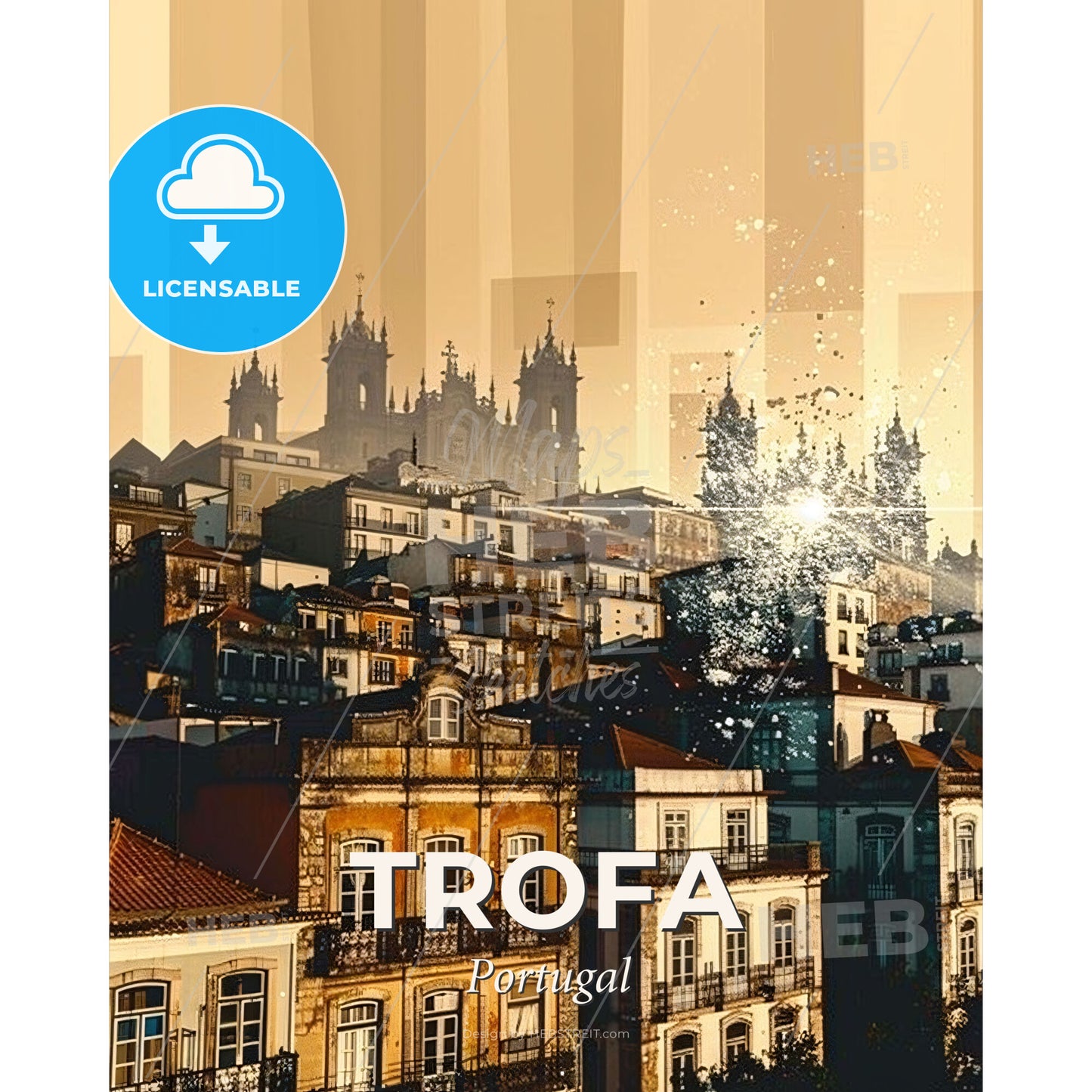 Trofa: Double Exposure Art Skyline, Beige Paper Background - A city with many buildings - Square format print template
