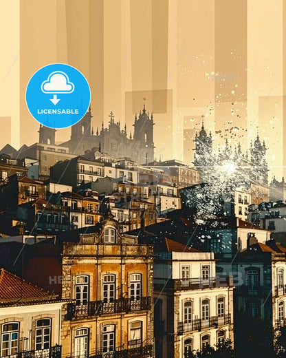 Trofa: Double Exposure Art Skyline, Beige Paper Background - A city with many buildings