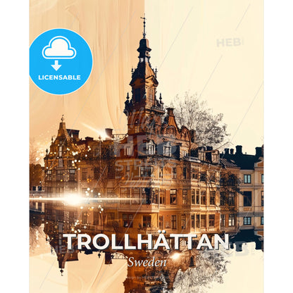 Trollhättan - A City of Light and Iconography - A building with a tower and a reflection of a body of water - Square format print template