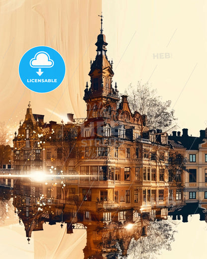 Trollhättan - A City of Light and Iconography - A building with a tower and a reflection of a body of water