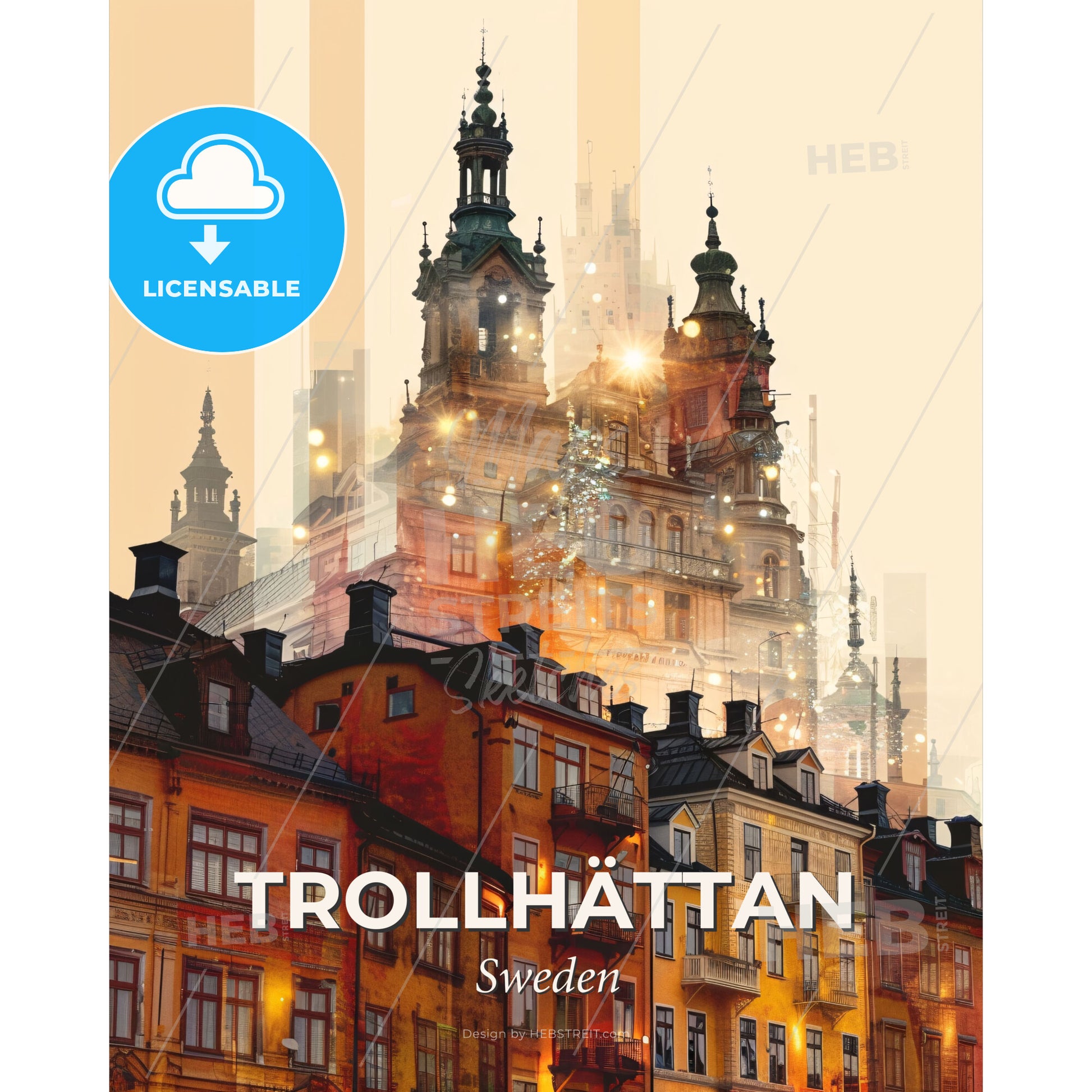 Trollhattan Skyline: City Icons, Beige, Sparkles - A city with many buildings - Square format print template