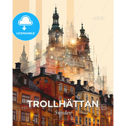 Trollhattan Skyline: City Icons, Beige, Sparkles - A city with many buildings - Square format print template