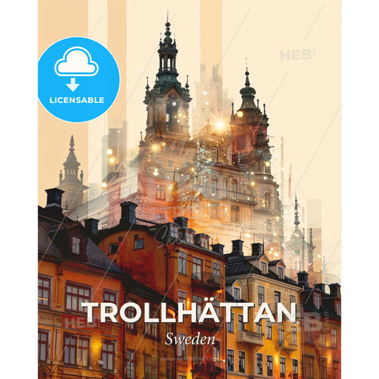 Trollhattan Skyline: City Icons, Beige, Sparkles - A city with many buildings - Square format print template
