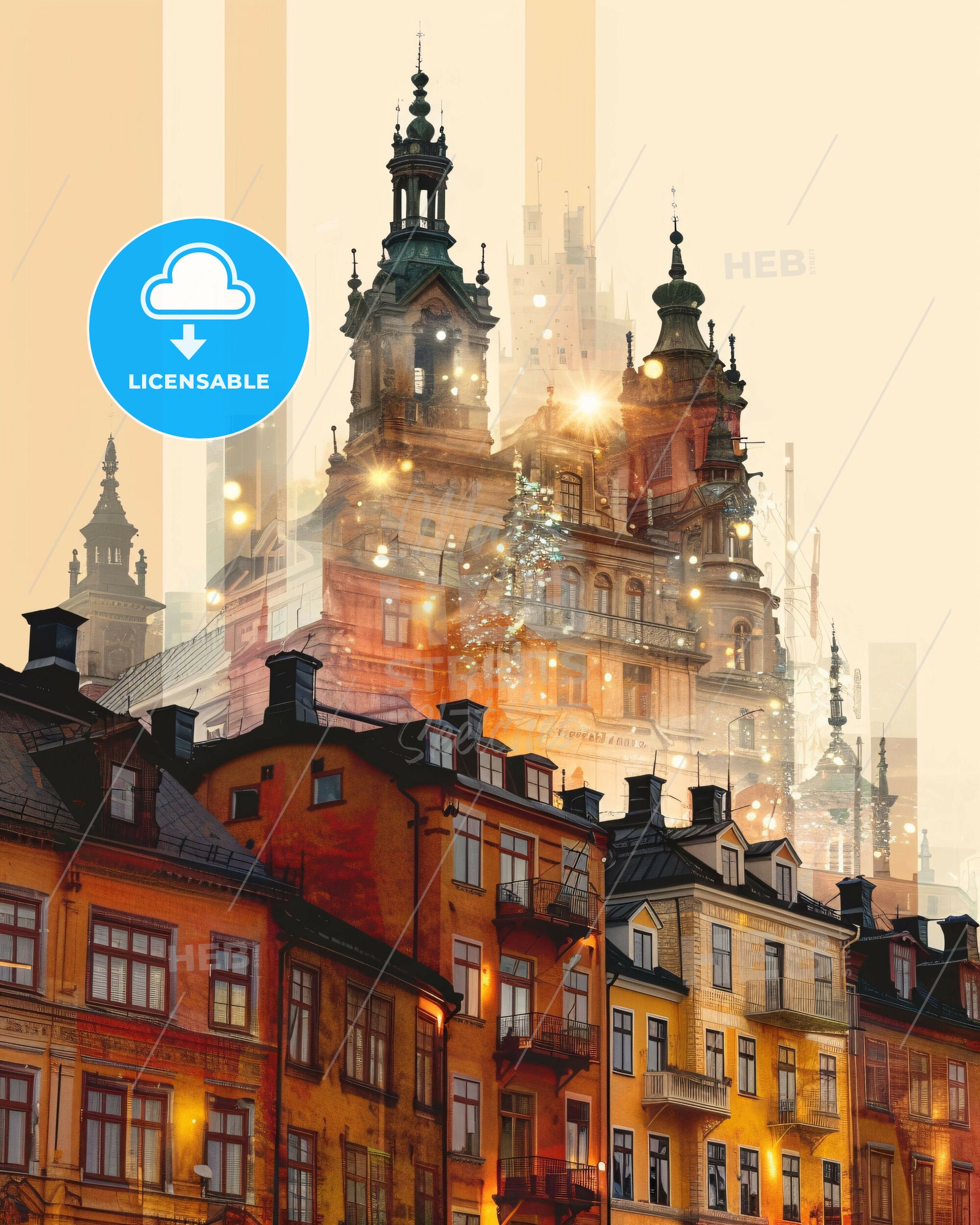 Trollhattan Skyline: City Icons, Beige, Sparkles - A city with many buildings