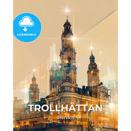 Trollhättan Skyline Composite Art Poster - A building with a clock tower - Square format print template