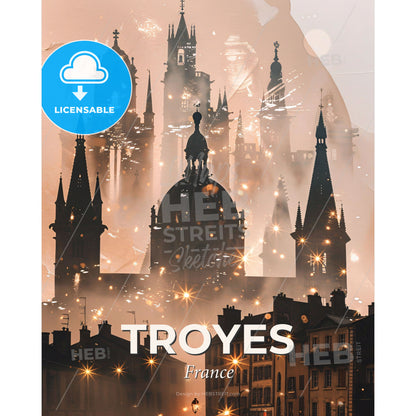 Troyes, France Skyline Double Exposure Composite Art - A castle in the fog - Square format print template