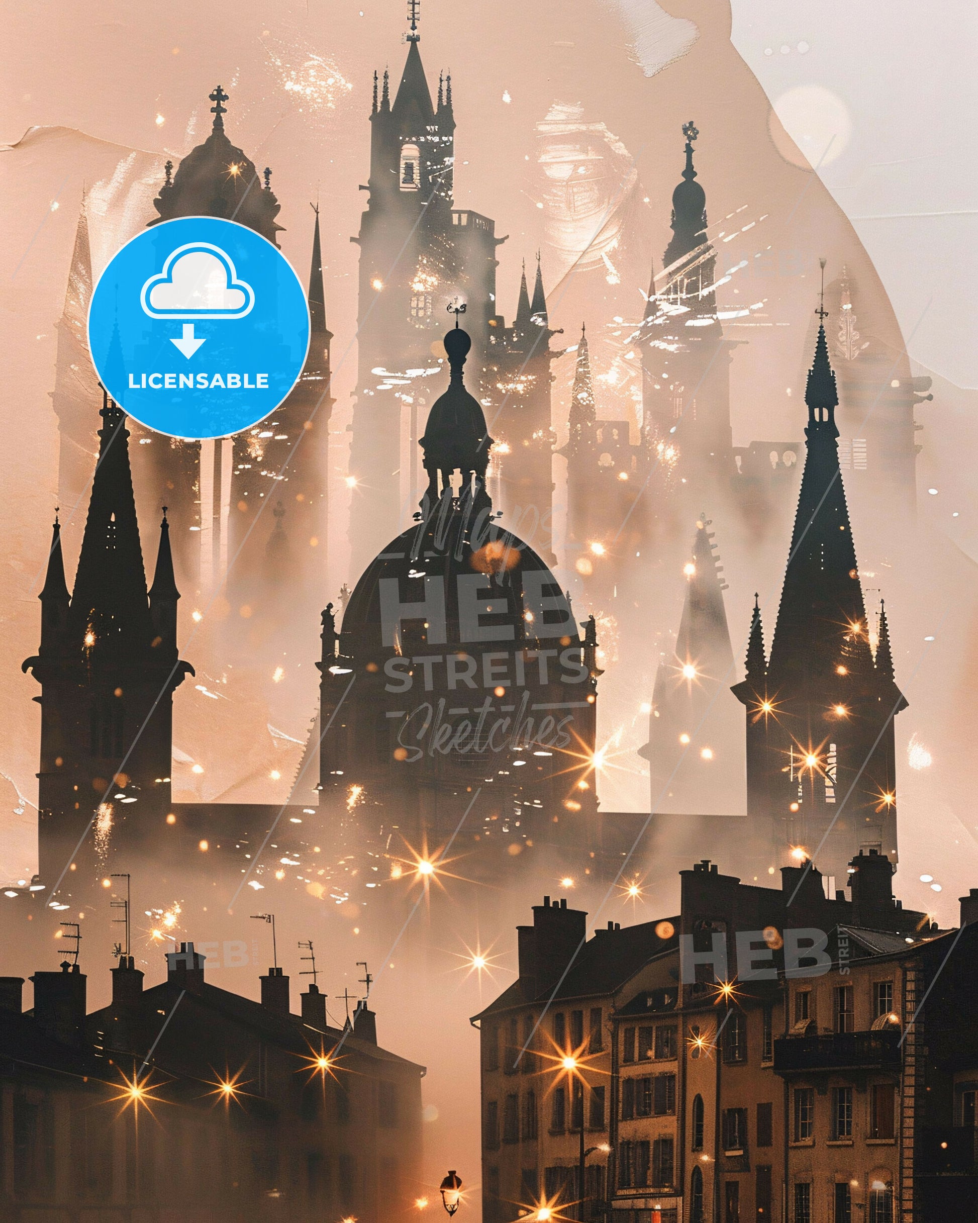 Troyes, France Skyline Double Exposure Composite Art - A castle in the fog