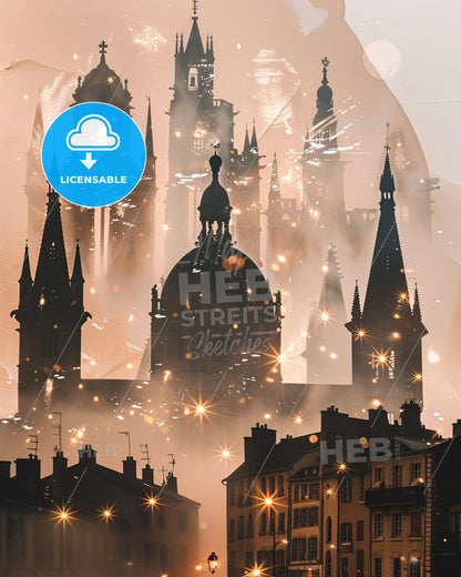 Troyes, France Skyline Double Exposure Composite Art - A castle in the fog